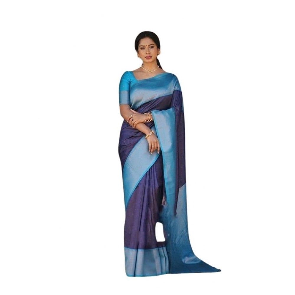 Soft blue lichi silk printed saree with unstitched blouse, vibrant design on a 5.5mtr length