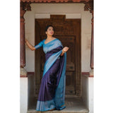 Blue soft lichi silk printed saree with unstitched blouse, 5.5mtr for women's traditional wear
