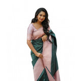 Green soft lichi silk printed saree with unstitched blouse, vibrant floral pattern on display
