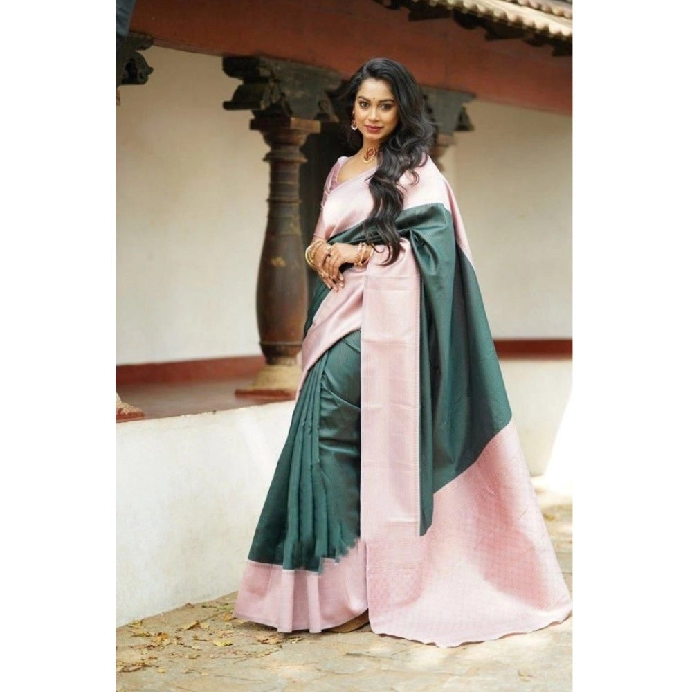 Green soft lichi silk printed saree with unstitched blouse, vibrant floral design on display