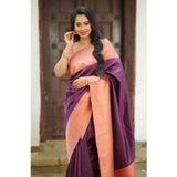 Purple soft lichi silk printed saree with unstitched blouse, 5.5mtr length on model