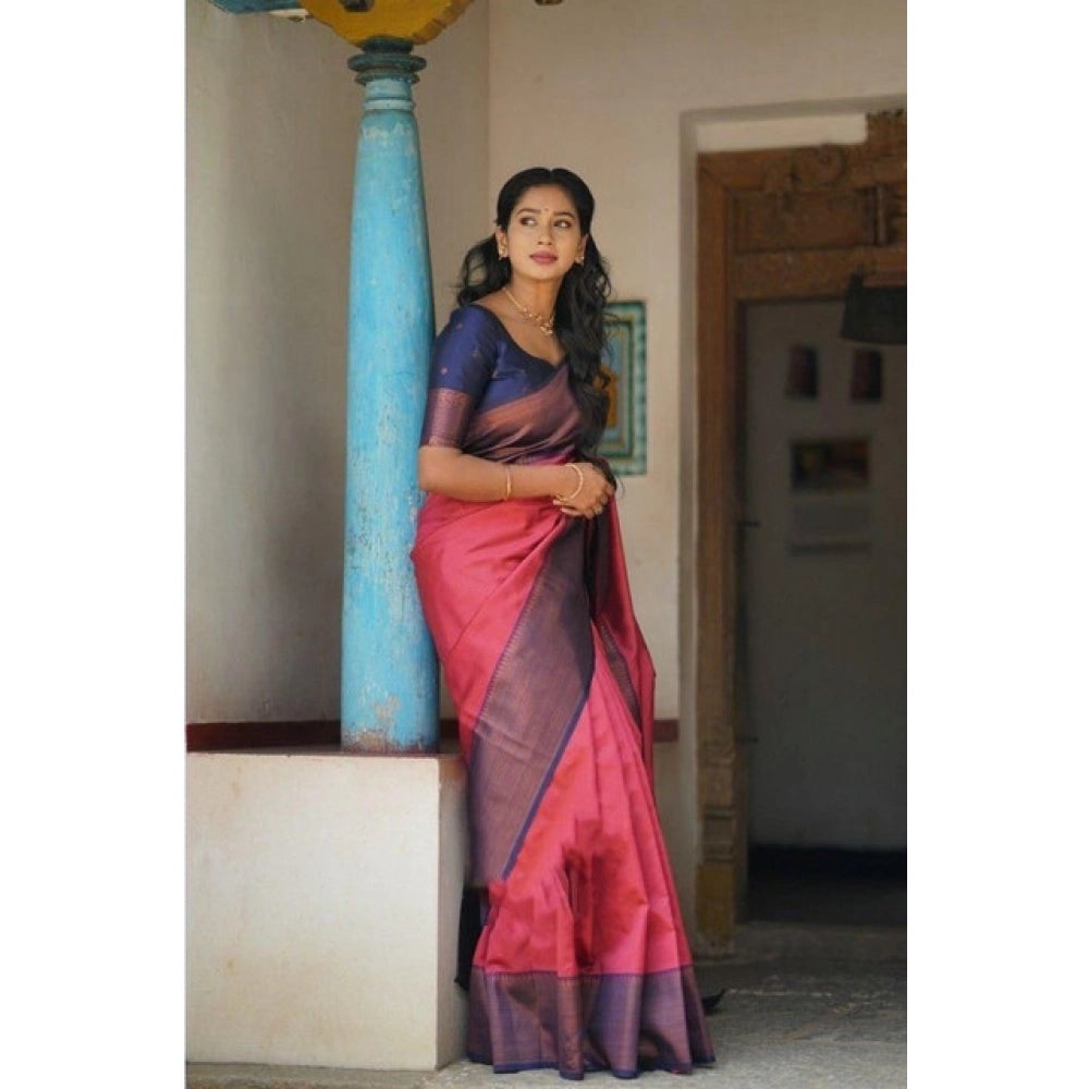 Red soft lichi silk printed saree with unstitched blouse, 5.5mtr length on mannequin
