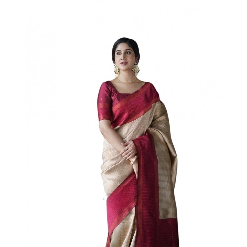 Women's cream soft lichi silk printed saree with unstitched blouse, vibrant floral pattern on display
