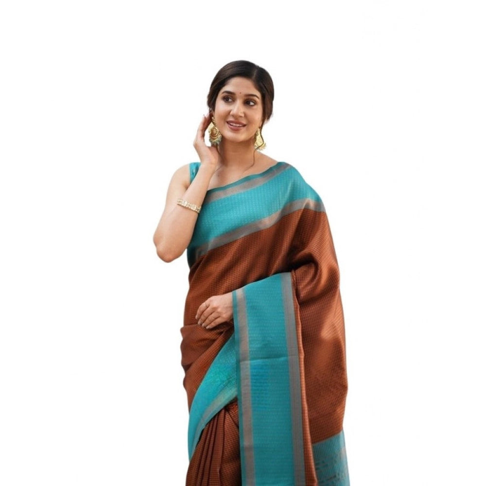 Brown soft lichi silk printed saree with unstitched blouse, elegant Indian attire for women