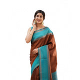 Brown soft lichi silk printed saree with unstitched blouse, elegant Indian attire for women