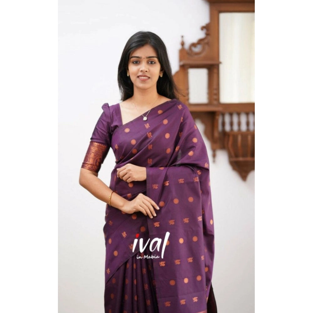 Purple soft lichi silk printed saree with unstitched blouse, luxurious eastern wear for women