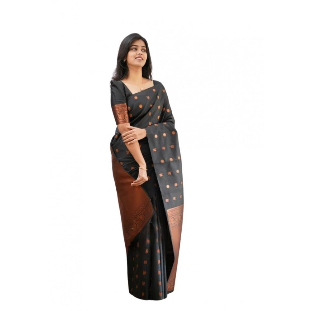 Black soft lichi silk printed saree with unstitched blouse, ideal for traditional Indian wear