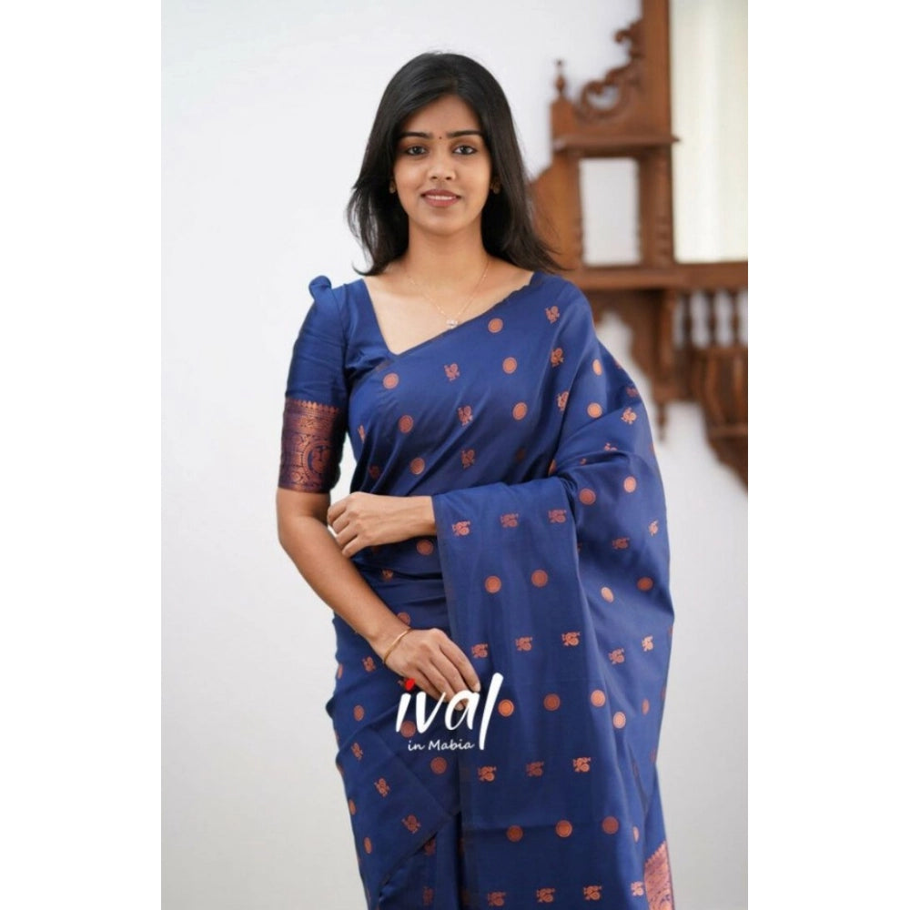 Blue soft lichi silk printed saree with unstitched blouse, 5.5mtr