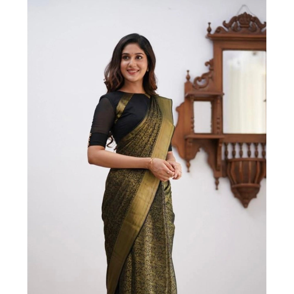 Green soft lichi silk printed saree with unstitched blouse, 5.5mtr length