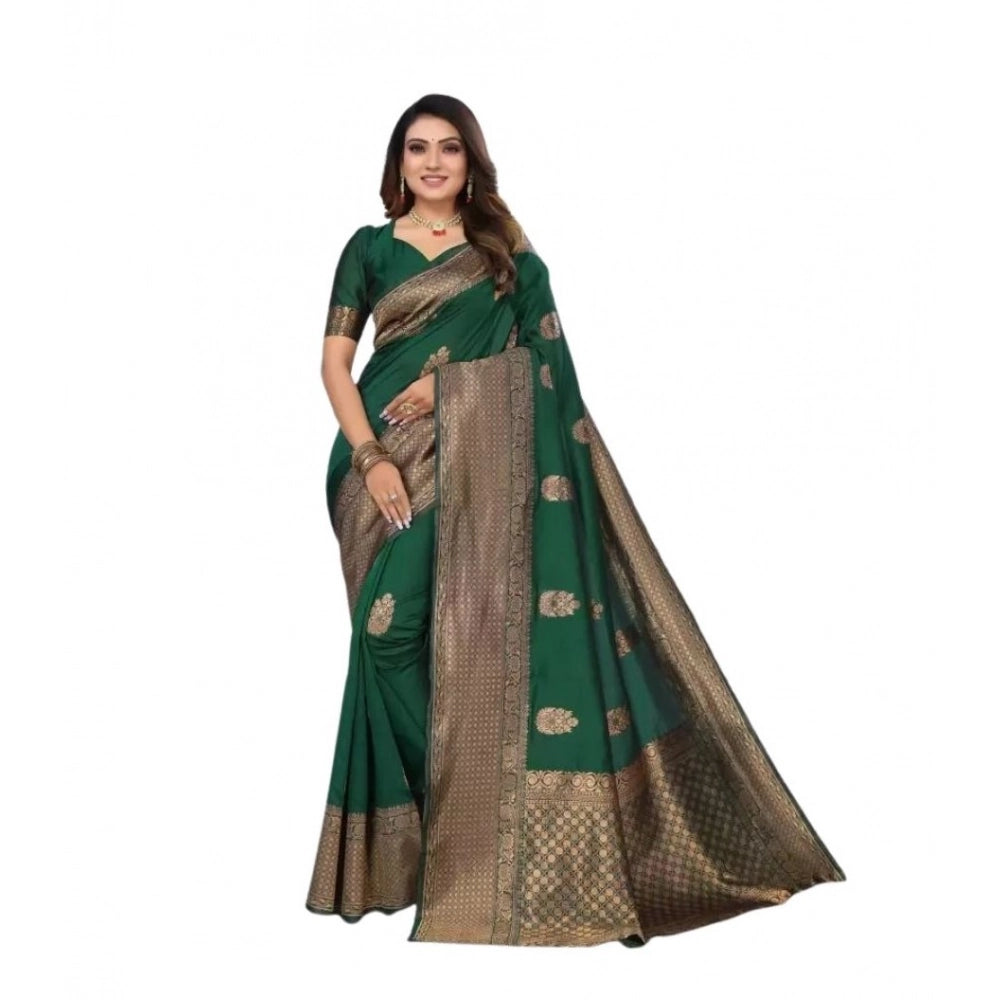 Green soft lichi silk printed saree with unstitched blouse, vibrant and luxurious traditional Indian wear