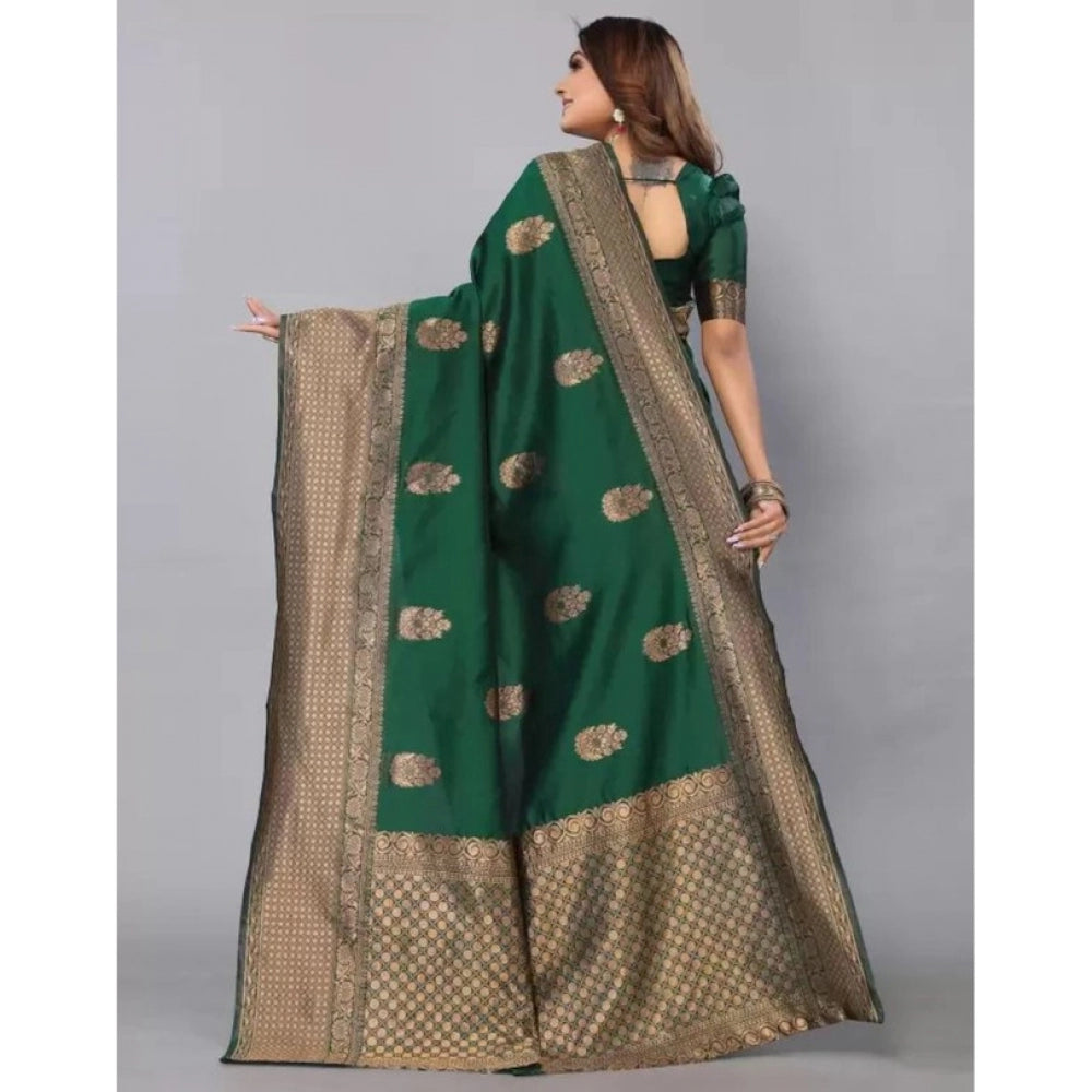 Green soft lichi silk printed saree with unstitched blouse, 5.5mtr