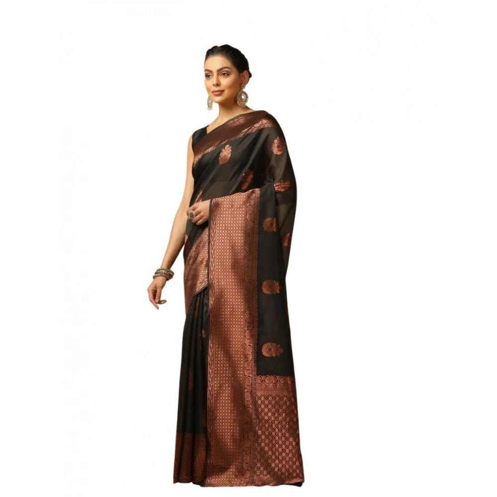 Black soft lichi silk printed saree with unstitched blouse, luxurious Asian women's fashion accessory