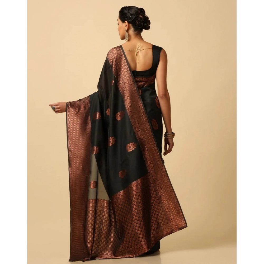 Black soft lichi silk printed saree with unstitched blouse, elegant Indian wear for women on mannequin