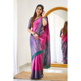 Soft pink lichi silk saree with unstitched blouse, intricate printed design for traditional Indian wear