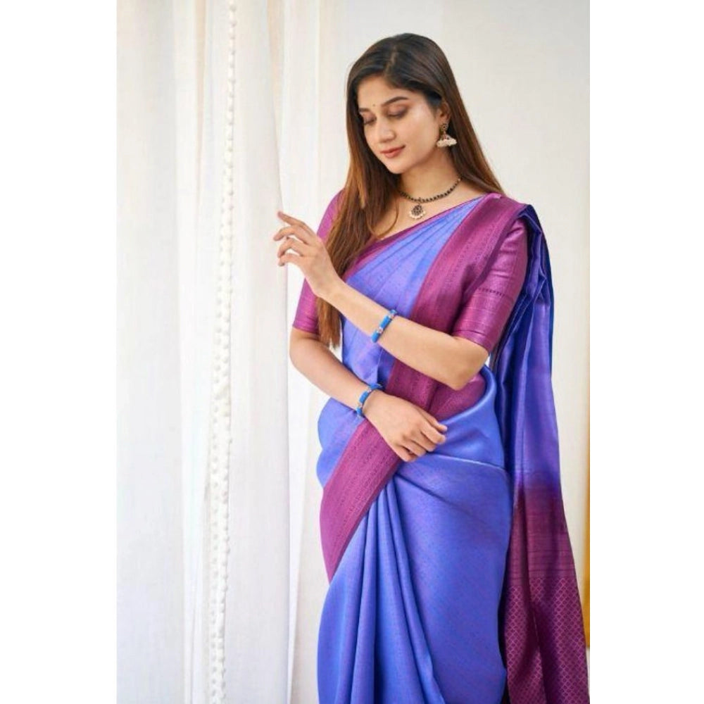 Blue soft lichi silk printed saree with unstitched blouse, 5.5mtr length