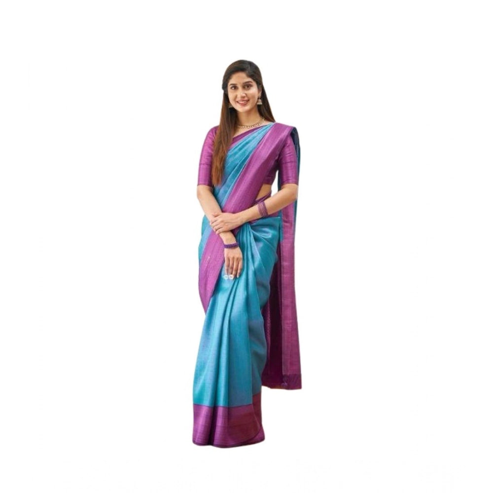 Soft sky-blue lichi silk saree with unstitched blouse, intricate print design for women's ethnic wear