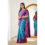 Soft sky-blue lichi silk printed saree with unstitched blouse, vibrant Indian fashion accessory on mannequin