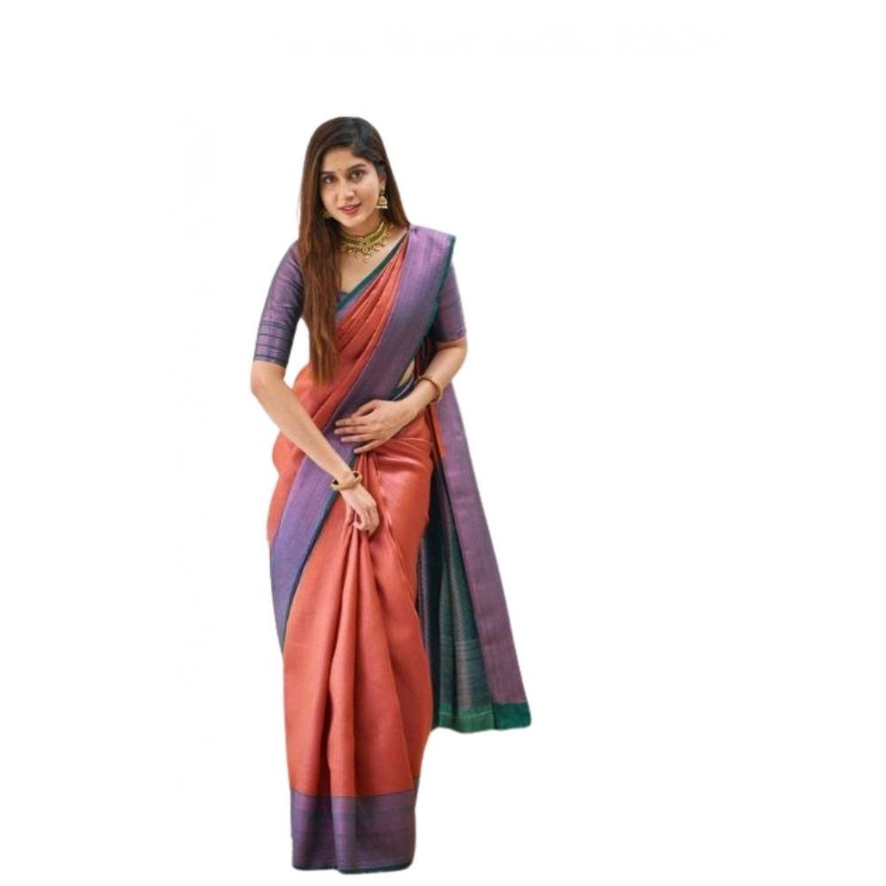 Orange soft lichi silk printed saree with unstitched blouse, vibrant floral design on display