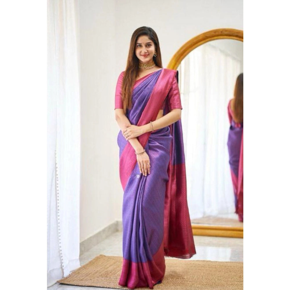 Purple soft lichi silk printed saree with unstitched blouse, vibrant design showcased on mannequin