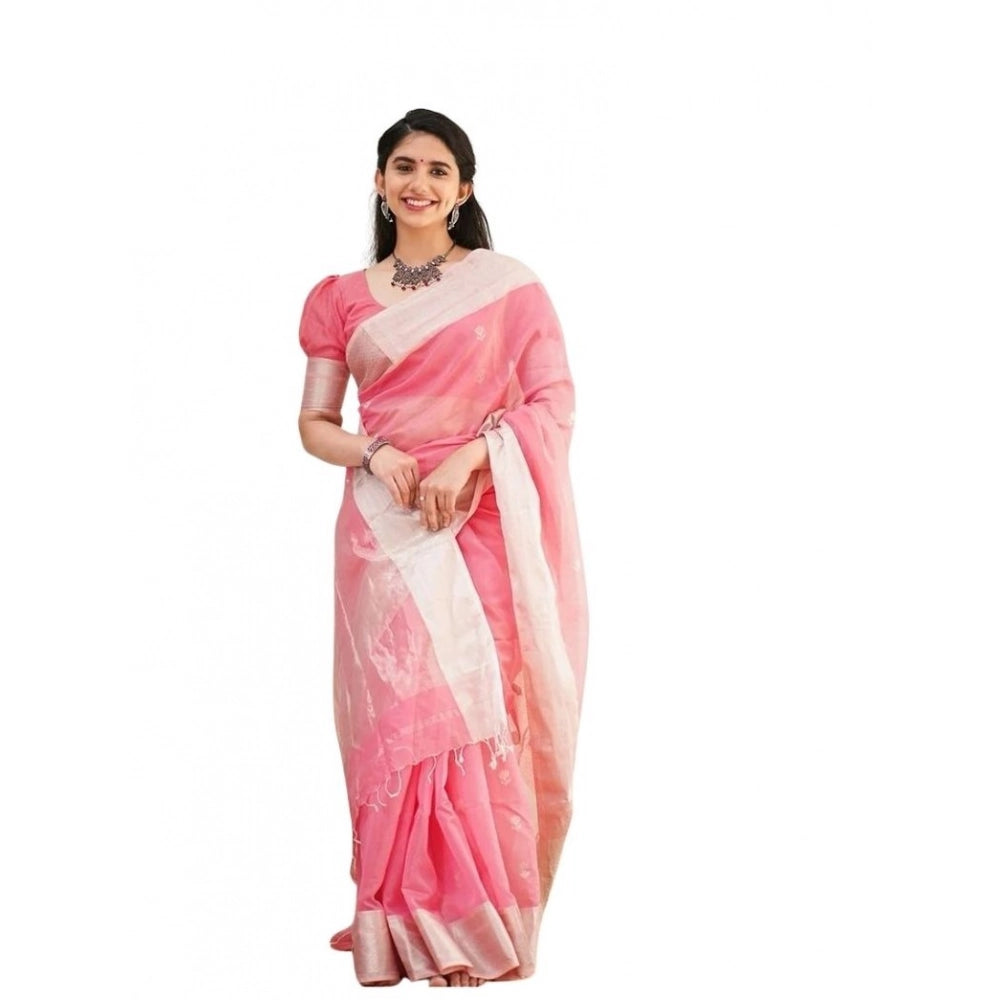 Pink soft lichi silk printed saree with unstitched blouse, 5.5mtr