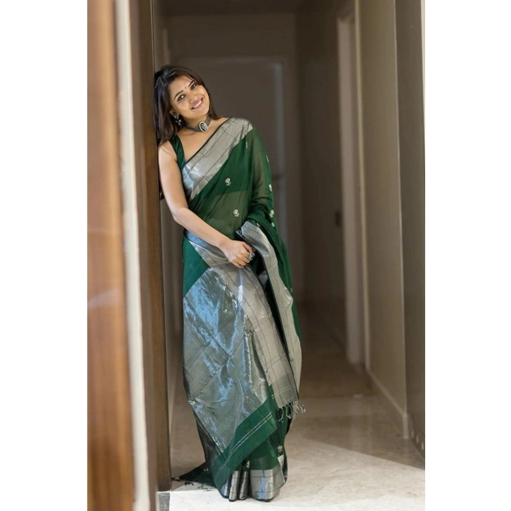 Green soft lichi silk printed saree with unstitched blouse, luxurious eastern attire for women