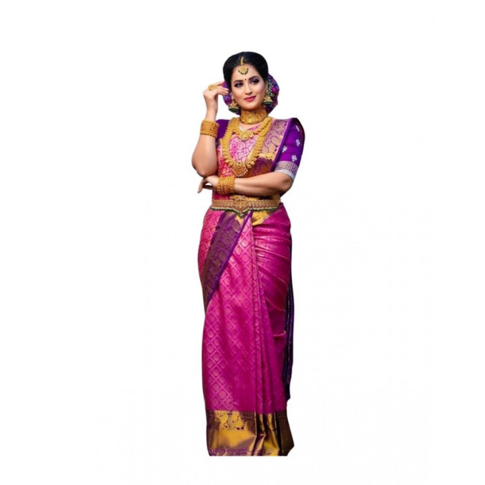 Soft pink lichi silk saree with unstitched blouse, vibrant printed design for traditional Indian wear