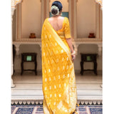 Yellow soft lichi silk printed saree with unstitched blouse, 5.5mtr length