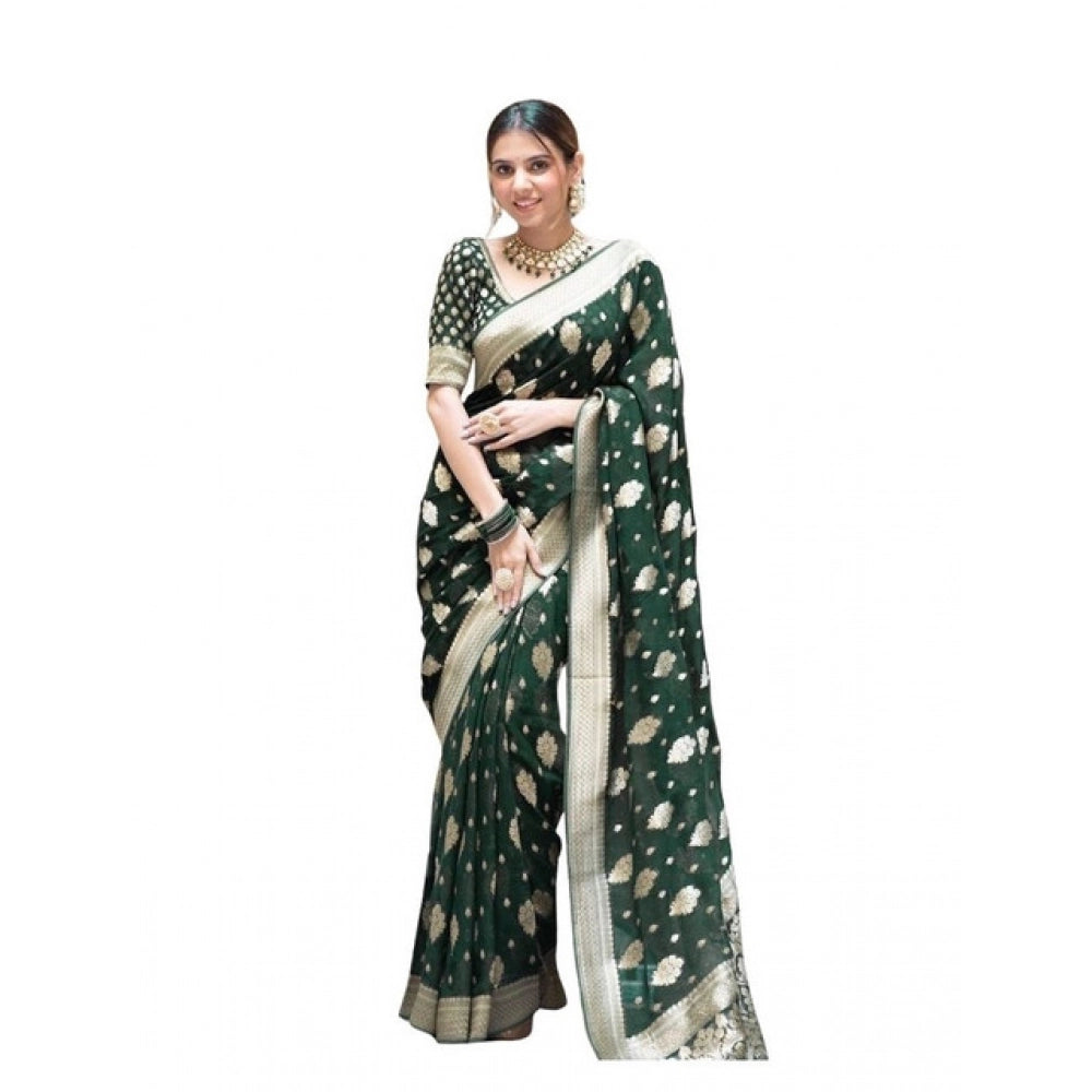 Green soft lichi silk printed saree with unstitched blouse, luxurious eastern wear on mannequin