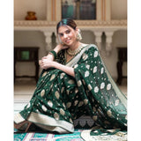 Green soft lichi silk printed saree with unstitched blouse, 5.5mtr length on model