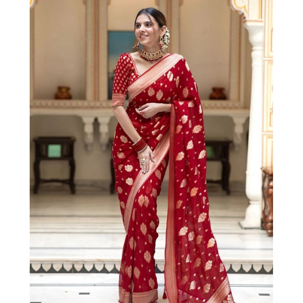 Red soft lichi silk printed saree with unstitched blouse, vibrant eastern fashion
