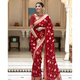 Red soft lichi silk printed saree with unstitched blouse, vibrant eastern fashion