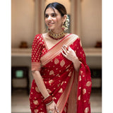 Red soft lichi silk printed saree with unstitched blouse, elegant Indian fashion for women