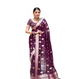 Purple soft lichi silk printed saree with unstitched blouse, luxurious eastern women's wear