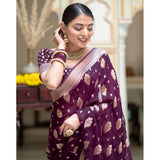 Purple soft lichi silk printed saree with unstitched blouse (5.5mtr)