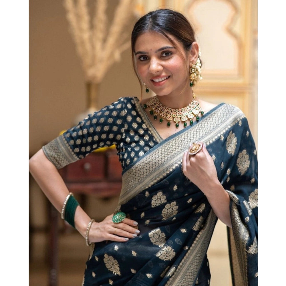 Blue soft lichi silk printed saree with unstitched blouse, 5.5mtr