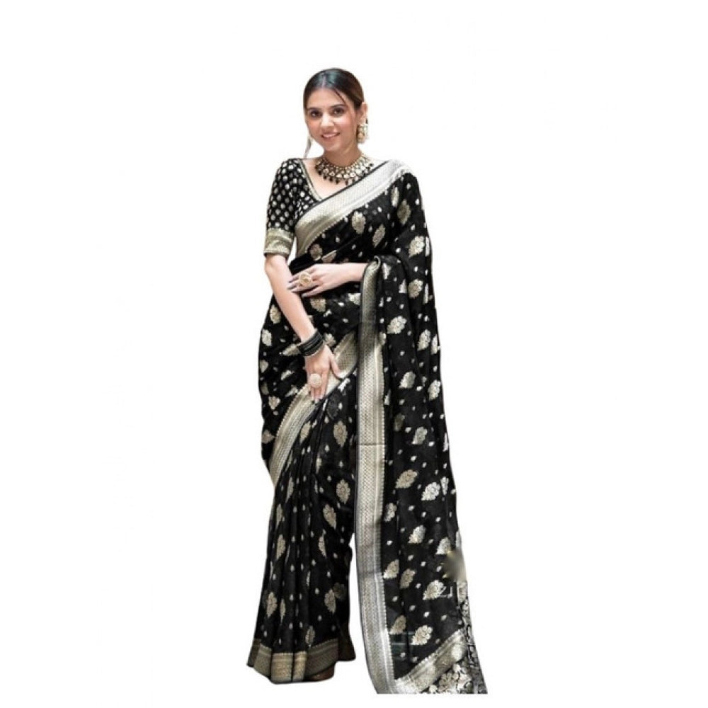 Soft black lichi silk printed saree with unstitched blouse, luxurious traditional attire for women