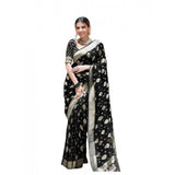 Soft black lichi silk printed saree with unstitched blouse, luxurious traditional attire for women