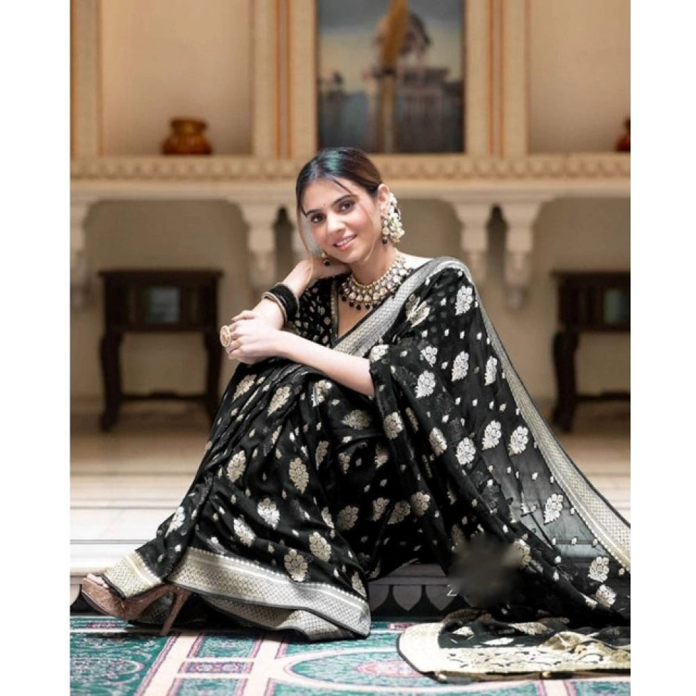 Black soft lichi silk printed saree with unstitched blouse, 5.5Mtr length