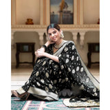Black soft lichi silk printed saree with unstitched blouse, 5.5Mtr length