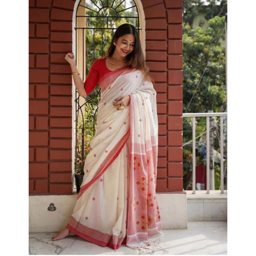 White soft lilan printed saree with unstitched blouse (5.5mtr) on display