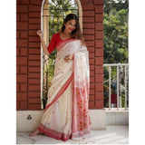 White soft lilan printed saree with unstitched blouse (5.5mtr) on display