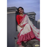 White soft linen printed saree with unstitched blouse, vibrant Lilan pattern on display