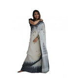 White-black printed soft linen saree with unstitched blouse (5.5mtr), traditional Indian attire