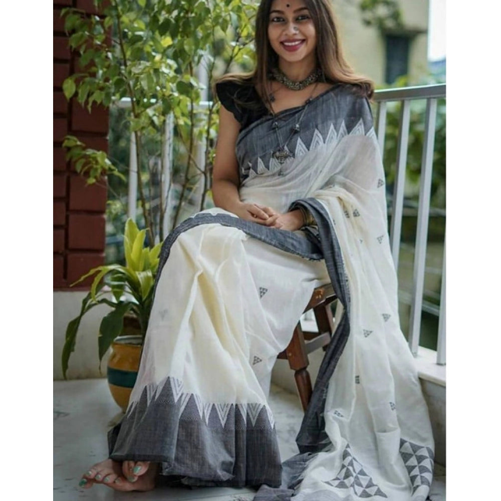 White-black soft linen printed saree with unstitched blouse (5.5mtr), fashionable Indian women's wear