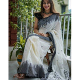 White-black soft linen printed saree with unstitched blouse (5.5mtr), fashionable Indian women's wear