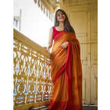 Soft mustard lilan printed saree with unstitched blouse, vibrant Indian fashion accessory for women