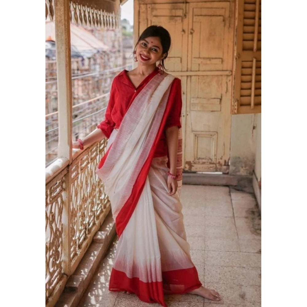 White soft linen printed saree with unstitched blouse, vibrant floral design for women's traditional attire