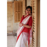 White soft lilan printed saree with unstitched blouse, vibrant pattern for women's traditional wear