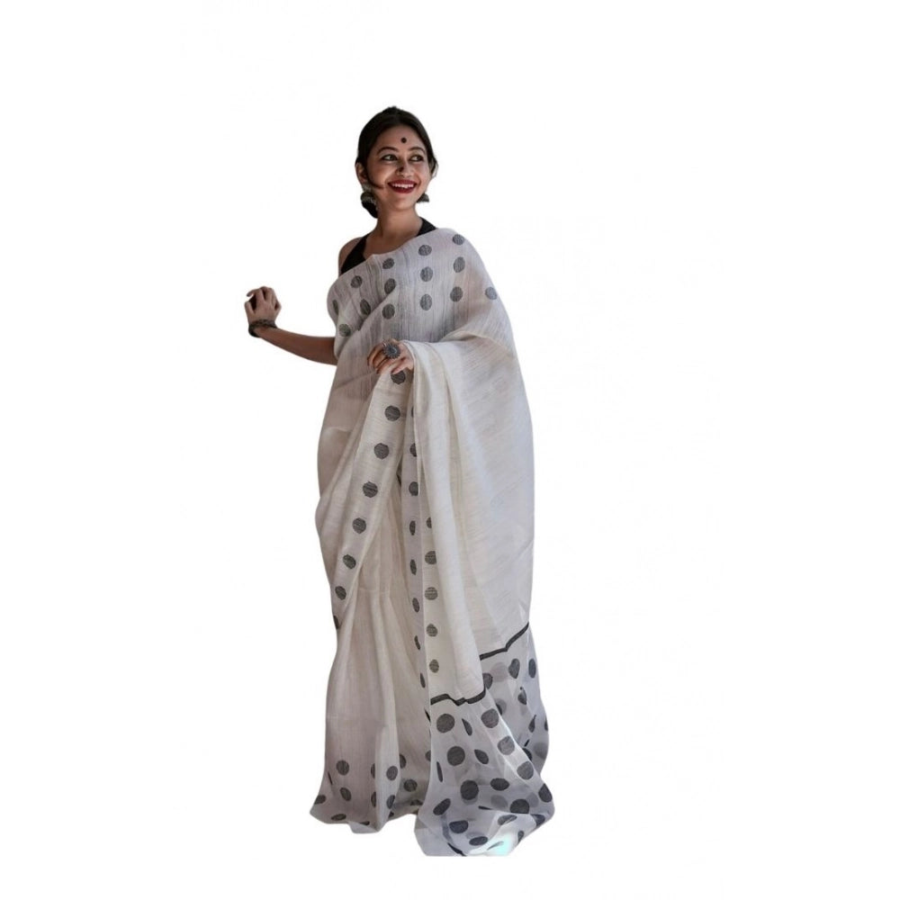 White soft lilan printed saree with unstitched blouse, 5.5mtr length on mannequin for women's ethnic wear