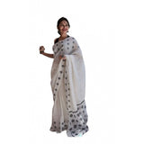 White soft lilan printed saree with unstitched blouse, 5.5mtr length on mannequin for women's ethnic wear